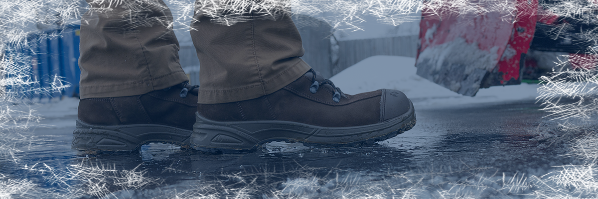 Winter boots category featuring Airpower XR23 work boots displayed outside on a snowy surface with a frost border effect